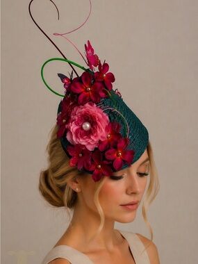 Kentucky Derby Oaks Teal and Fuchsia Floral Fascinator Hat